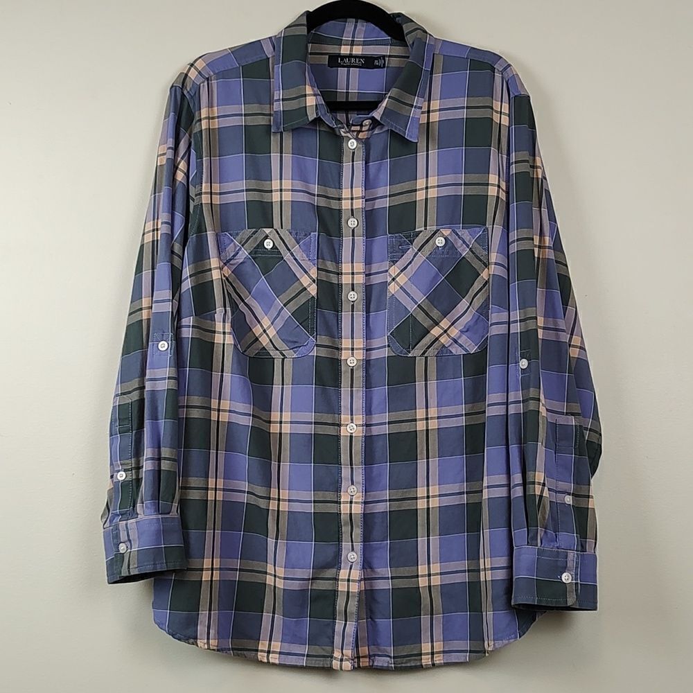 Ralph Lauren Plaid Cotton Twill Roll Tab Sleeve Button Front Shirt Size 2X